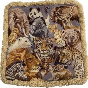 Vintage Tapestry Pillowcase Zoo Animal Wildlife Embroidered Cross Stitch